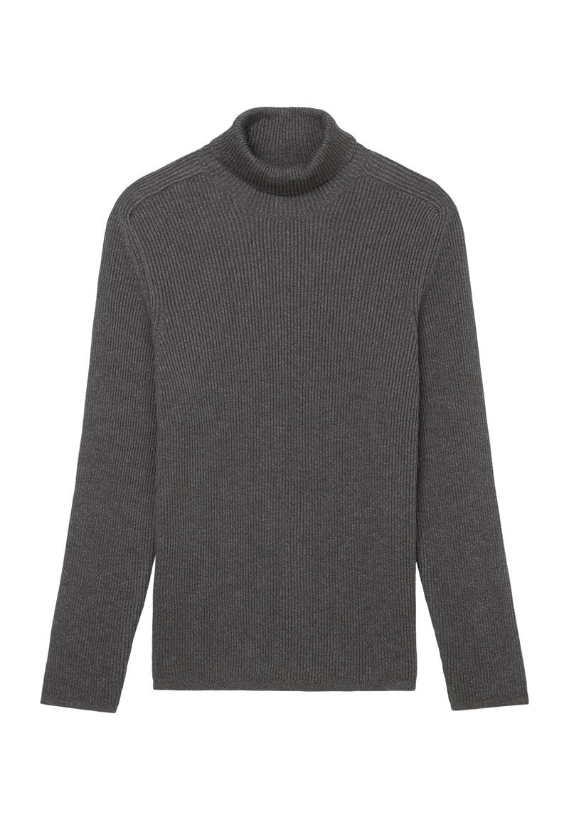 Dunkelgrauer Rollkragenpullover aus gerippter Stoffqualität, mit einer figurbetonten Passform und langen Ärmeln, sowie einem hohen Kragen für zusätzlichen Schutz.
