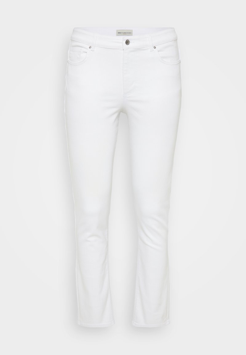 Weiße Denim-Jeans mit geradem Bein. Verfügt über fünf Taschen, einen oberen Knopfverschluss und silberfarbene Hardware mit einer glatten Textur.
