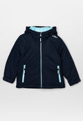 Marineblaue Jacke mit hellblauem Innenfutter, ausgestattet mit einem Frontreißverschluss, zwei Reißverschlusstaschen und CMP-Logo auf der linken Schulter. Strukturiertes Material.