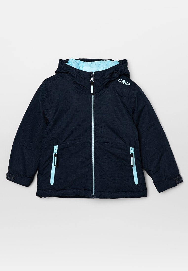 Marineblaue Jacke mit hellblauem Innenfutter, ausgestattet mit einem Frontreißverschluss, zwei Reißverschlusstaschen und CMP-Logo auf der linken Schulter. Strukturiertes Material.