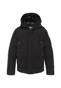 Schwarze, wattierte Jacke mit Kapuze, ausgestattet mit zwei Fronttaschen, verstellbaren Kordeln und Reißverschluss. Glatte Oberfläche, isolierendes Design.