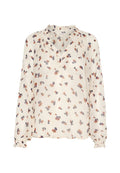 Weiße Bluse mit mehrfarbigem Blumenmuster, langen Puffärmeln, V-Ausschnitt und gerafften Details am Kragen und an den Manschetten.