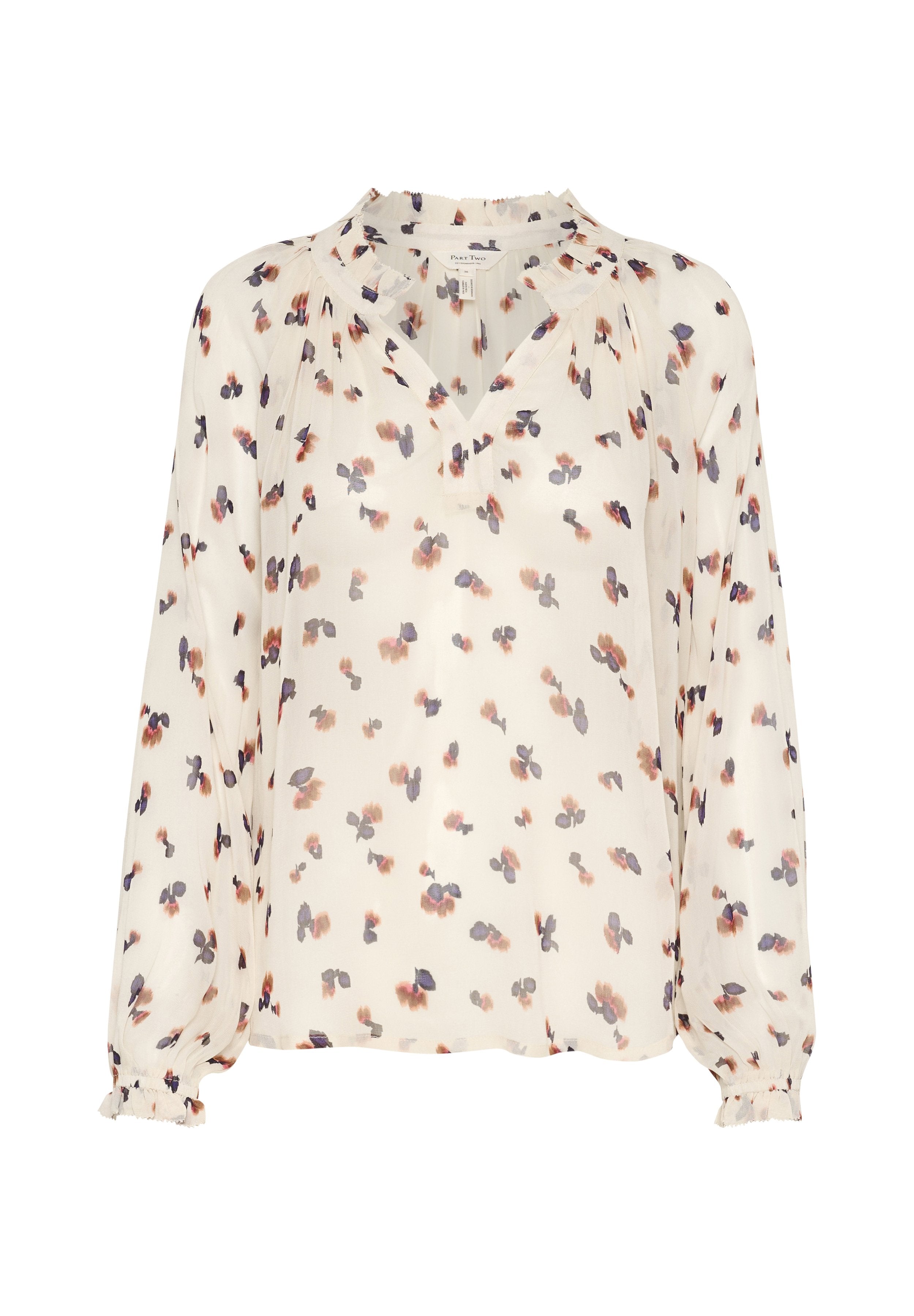 Weiße Bluse mit mehrfarbigem Blumenmuster, langen Puffärmeln, V-Ausschnitt und gerafften Details am Kragen und an den Manschetten.