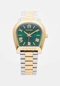 Grüne Zifferblatt-Uhr mit Band aus Edelstahl in Gold- und Silberton. Quadratisches Gehäuse, römische Ziffern als Marker und Datumsanzeige um 6 Uhr.