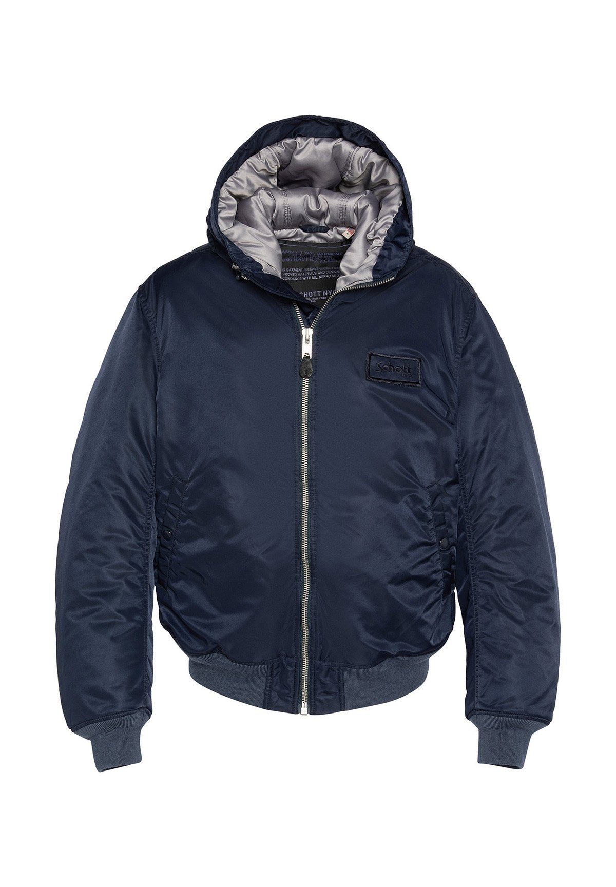 Marineblau bomberjacke mit Kapuze, ausgestattet mit einem Reißverschluss, elastischen Bündchen und einer glatten, satinähnlichen Textur. Das Innere ist grau.