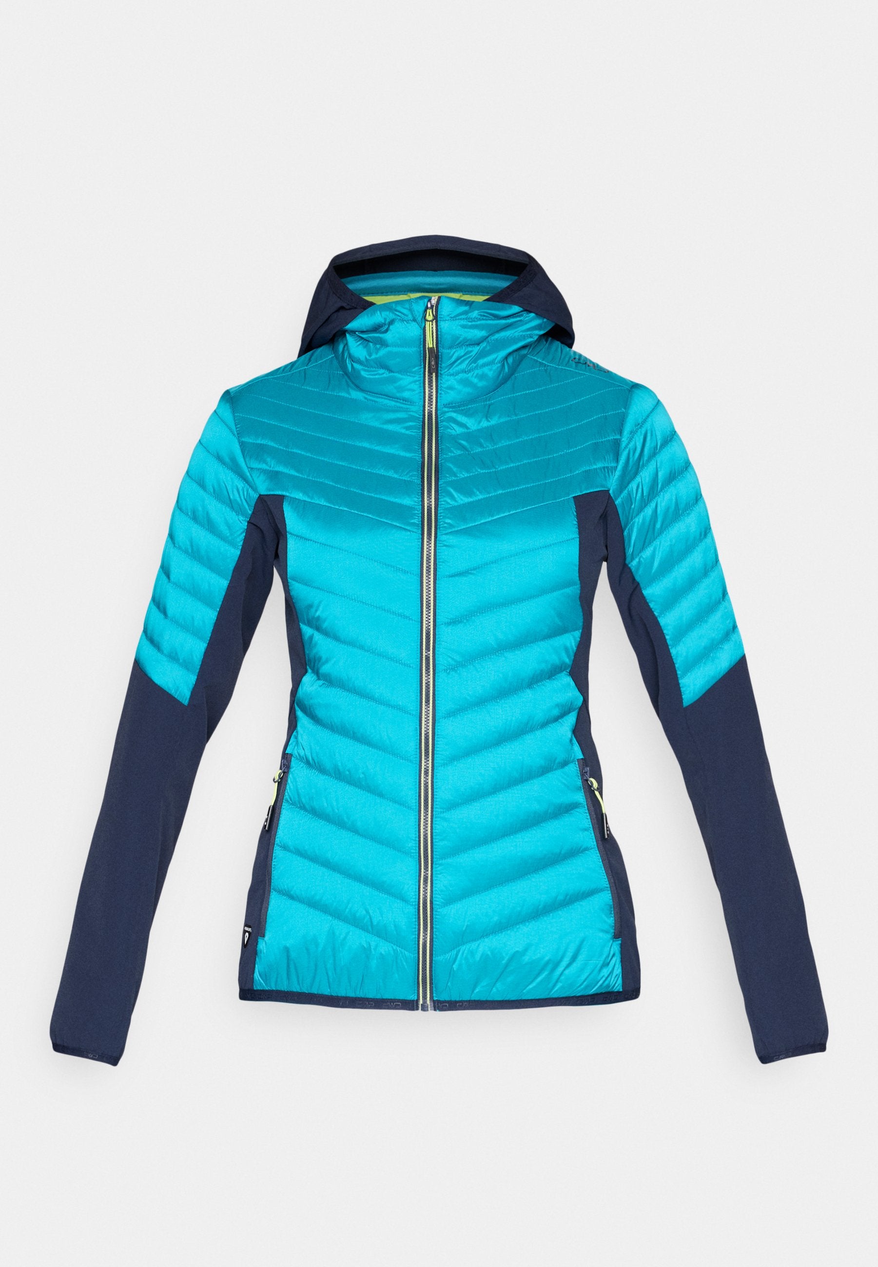 Leichte isolierte Jacke in Blau und Navy mit Kapuze, Frontreißverschluss und seitlichen Reißverschlusstaschen, für Damen entworfen.