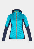 Leichte isolierte Jacke in Blau und Navy mit Kapuze, Frontreißverschluss und seitlichen Reißverschlusstaschen, für Damen entworfen.