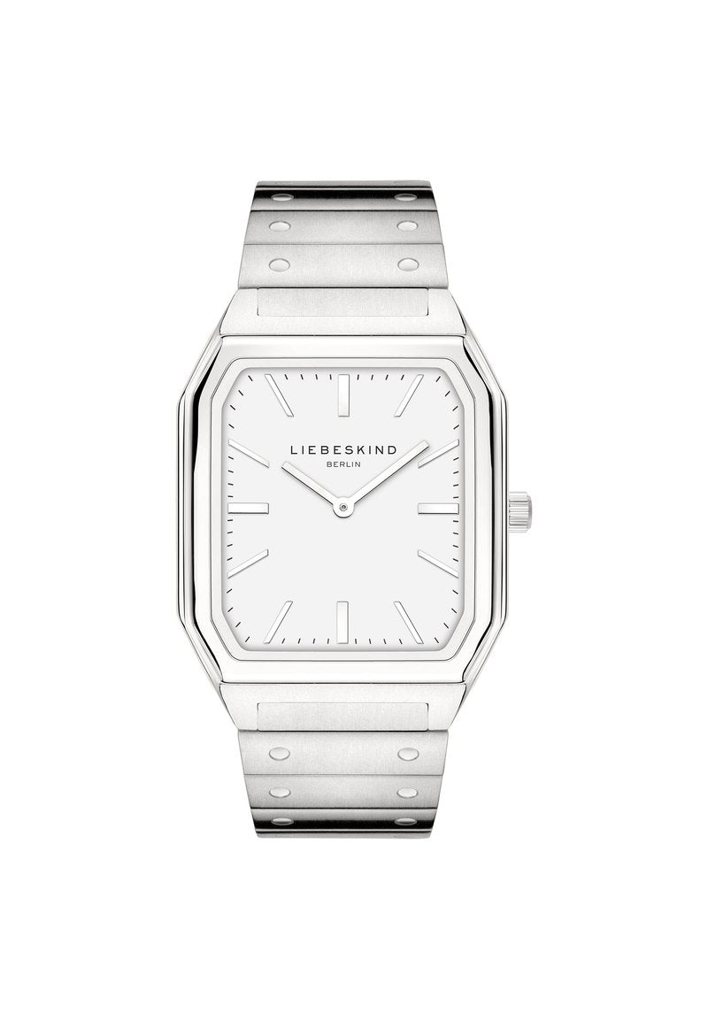 Silberne Edelstahl-Uhr mit einem achtseitigen Zifferblatt, weißem Ziffernblatt, einfachen Stundenmarkierungen und einem polierten Armband mit kreisförmigen Ausschnitten.