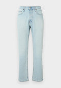 Helles blauschwarzes Denim mit geradem Schnitt, hoher Taille und geringfügiger Ausbleichung. Ausgefranster Saum mit fünf Gürtelschlaufen und traditioneller Hardware.