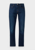 Dunkelblaue Denim-Jeans mit geradem Bein. Zu den Merkmalen gehören Kontrastnähte, fünf Taschen und ein vorderer Knopfverschluss.