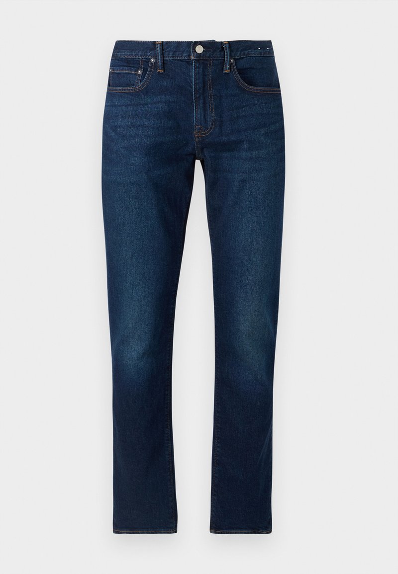 Dunkelblaue Denim-Jeans mit geradem Bein. Zu den Merkmalen gehören Kontrastnähte, fünf Taschen und ein vorderer Knopfverschluss.