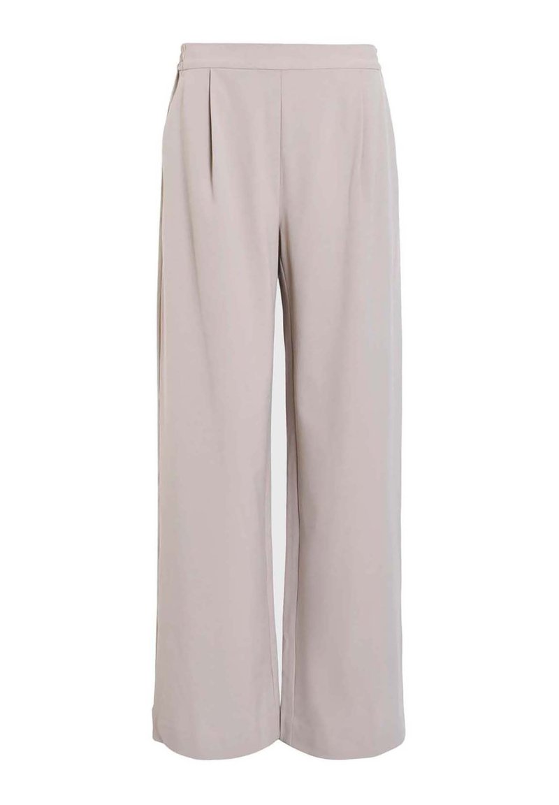 Beige weite Hose mit gefaltetem Vorderteil, aus weichem Stoff gefertigt, mit hoher Taille und ohne sichtbare Taschen oder Verschlüsse.