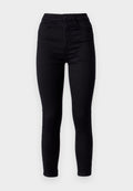 Schwarze Skinny-Jeans mit hoher Taille, hergestellt aus dehnbarem Denim. Mit einem Knopfverschluss vorne und zwei Gesäßtaschen. Glatte Textur.