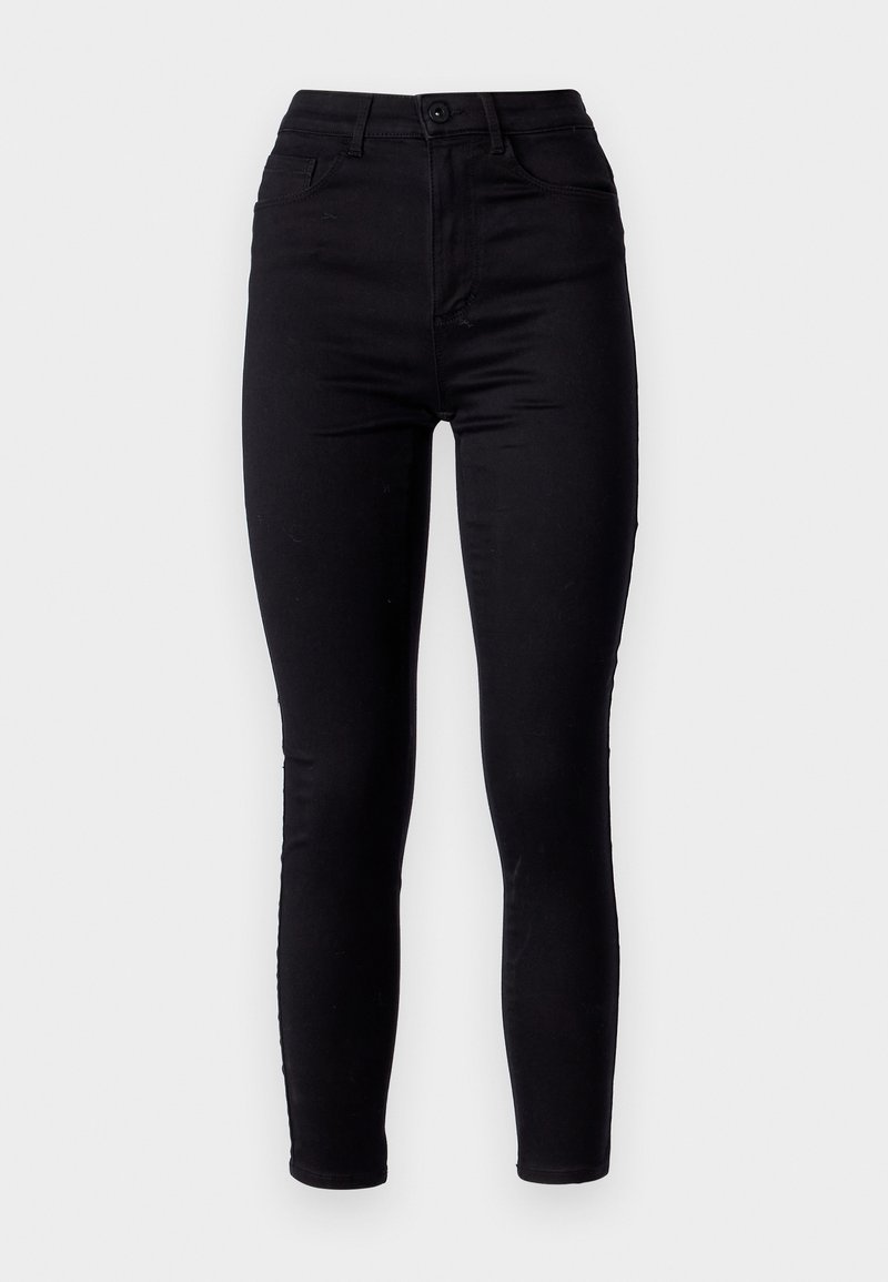 Schwarze Skinny-Jeans mit hoher Taille, hergestellt aus dehnbarem Denim. Mit einem Knopfverschluss vorne und zwei Gesäßtaschen. Glatte Textur.