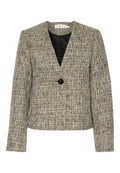 Strukturierter brauner und cremefarbener Blazer mit V-Ausschnitt, langen Ärmeln und einem einzelnen schwarzen Knopfverschluss. Das Innenfutter ist schwarz.