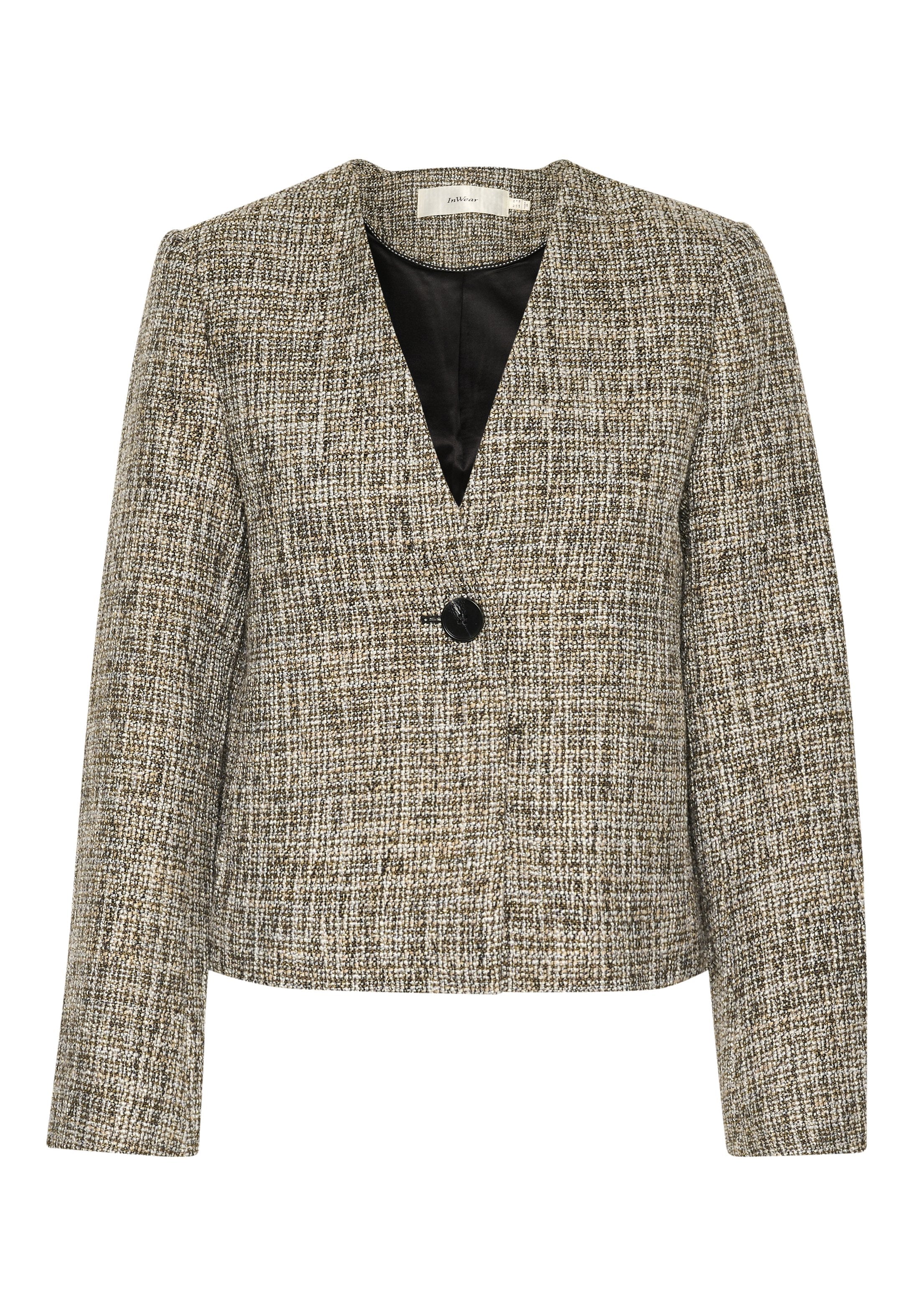 Strukturierter brauner und cremefarbener Blazer mit V-Ausschnitt, langen Ärmeln und einem einzelnen schwarzen Knopfverschluss. Das Innenfutter ist schwarz.