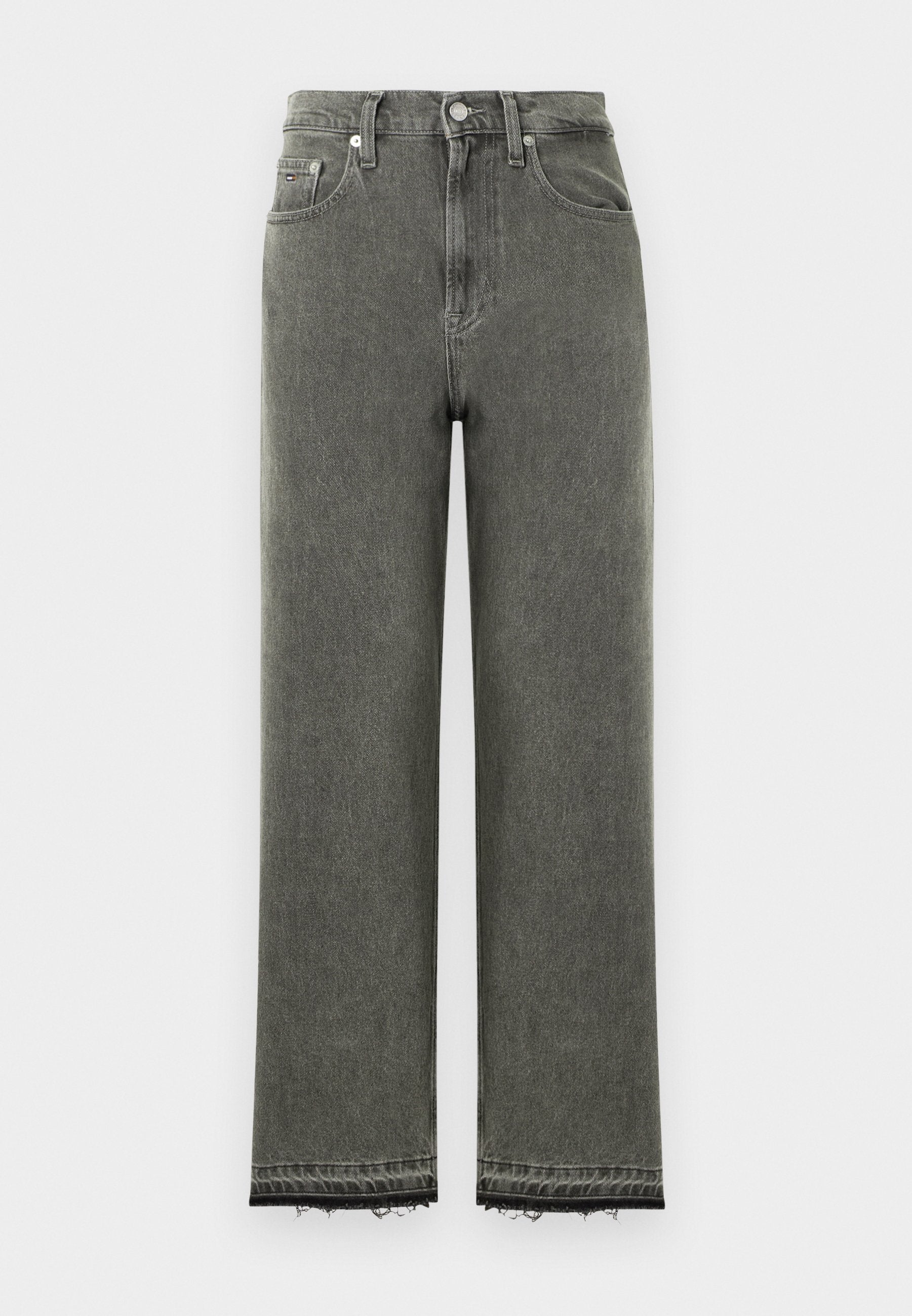 Graue High-Waist-Jeans mit weitem Bein, rohem Saum und klassischem Fünf-Taschen-Design. Hergestellt aus Denimstoff mit weicher Textur.