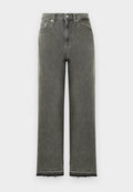 Graue High-Waist-Jeans mit weitem Bein, rohem Saum und klassischem Fünf-Taschen-Design. Hergestellt aus Denimstoff mit weicher Textur.