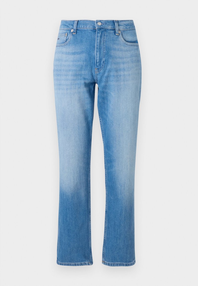 Hellblaue Jeans aus Denim mit einem geraden Bein-Schnitt, klassischem Fünf-Taschen-Design, Knopfverschluss und dezentem Ausbleichen nahe dem Saum.