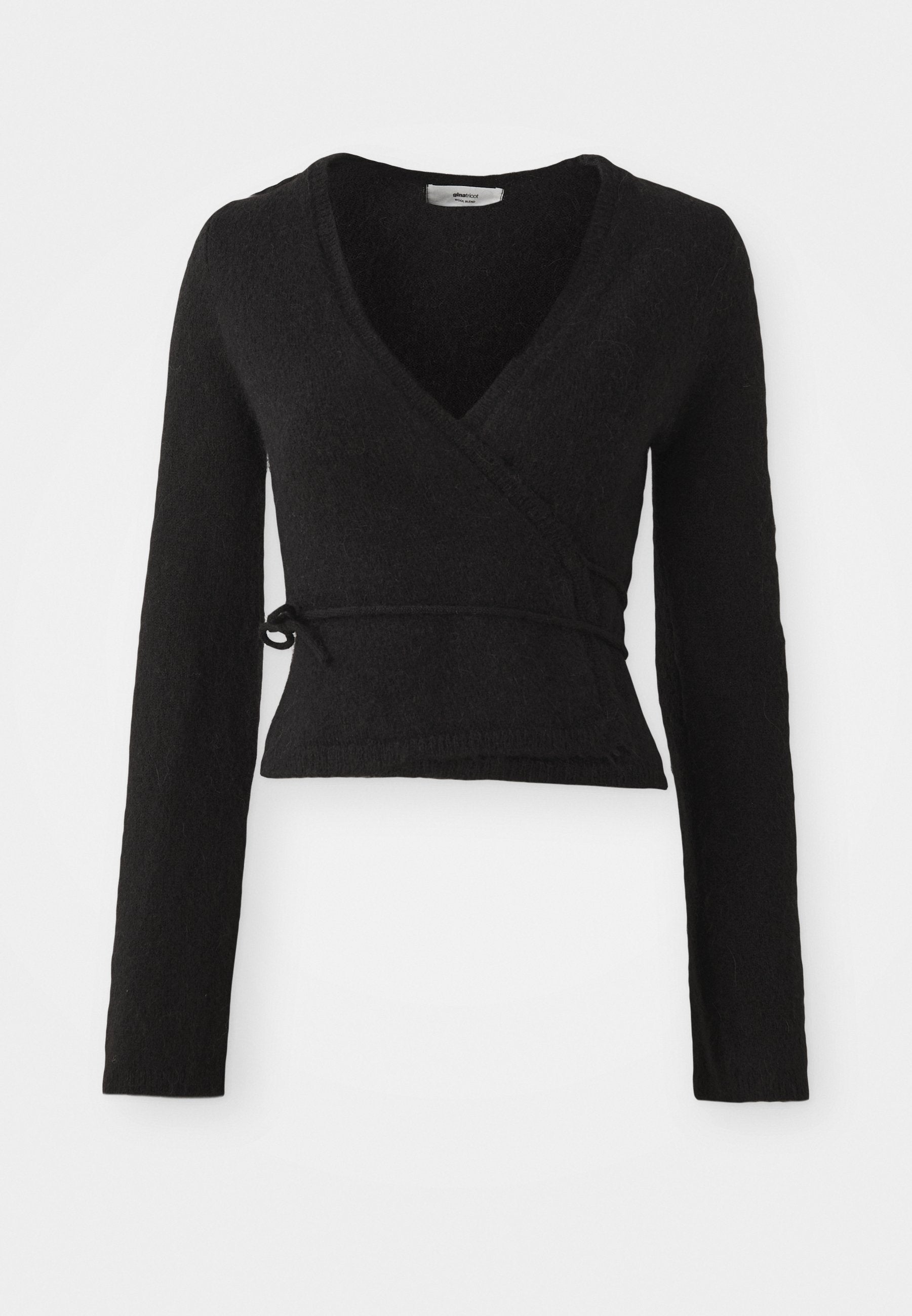 Schwarzer Wickelpullover aus strukturiertem Stoff. Mit langen Ärmeln, einem tiefen V-Ausschnitt und einem Bindeband in der Taille.