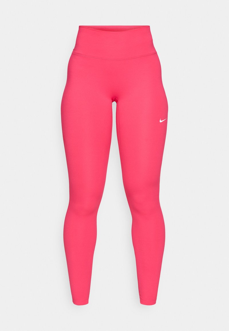 Rosa Stretch-Leggings mit einem hohen Taillenbund, glatter Textur und einem weißen Nike-Swoosh-Logo am unteren Bein. Enganliegendes Design über die gesamte Länge.