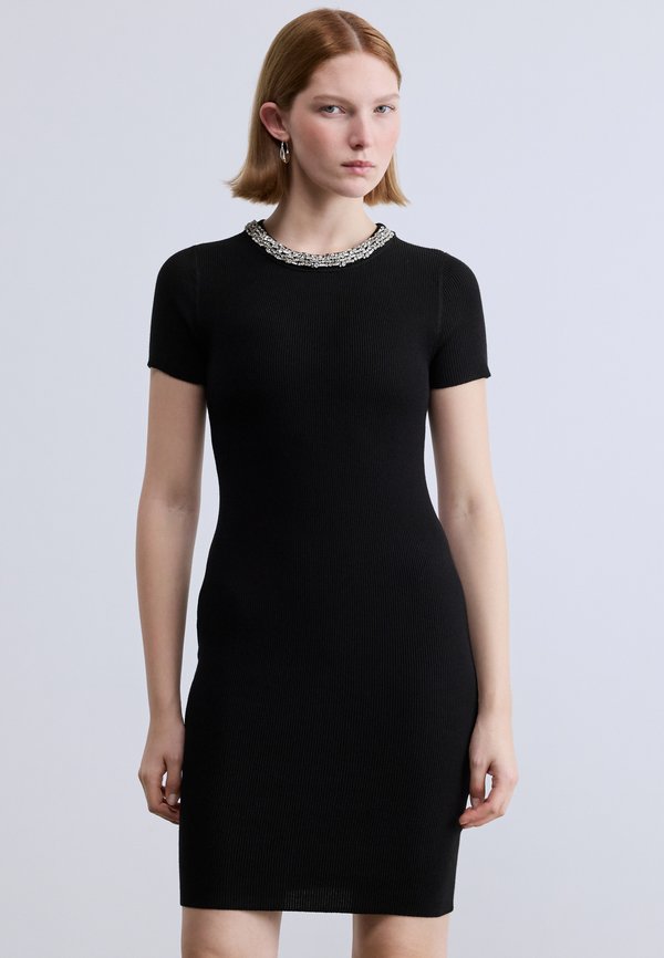 DKNY SHORT SLEEVE CREWNECK SHORT DRESS EMBELLISHED RHINESTONES AT NECKLINE