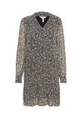 Schwarz-weißer Paisley-Muster-Kleid, leichtes Material, V-Ausschnitt, lange Ärmel, geraffter Taillenbund, knielang, glatte Textur.