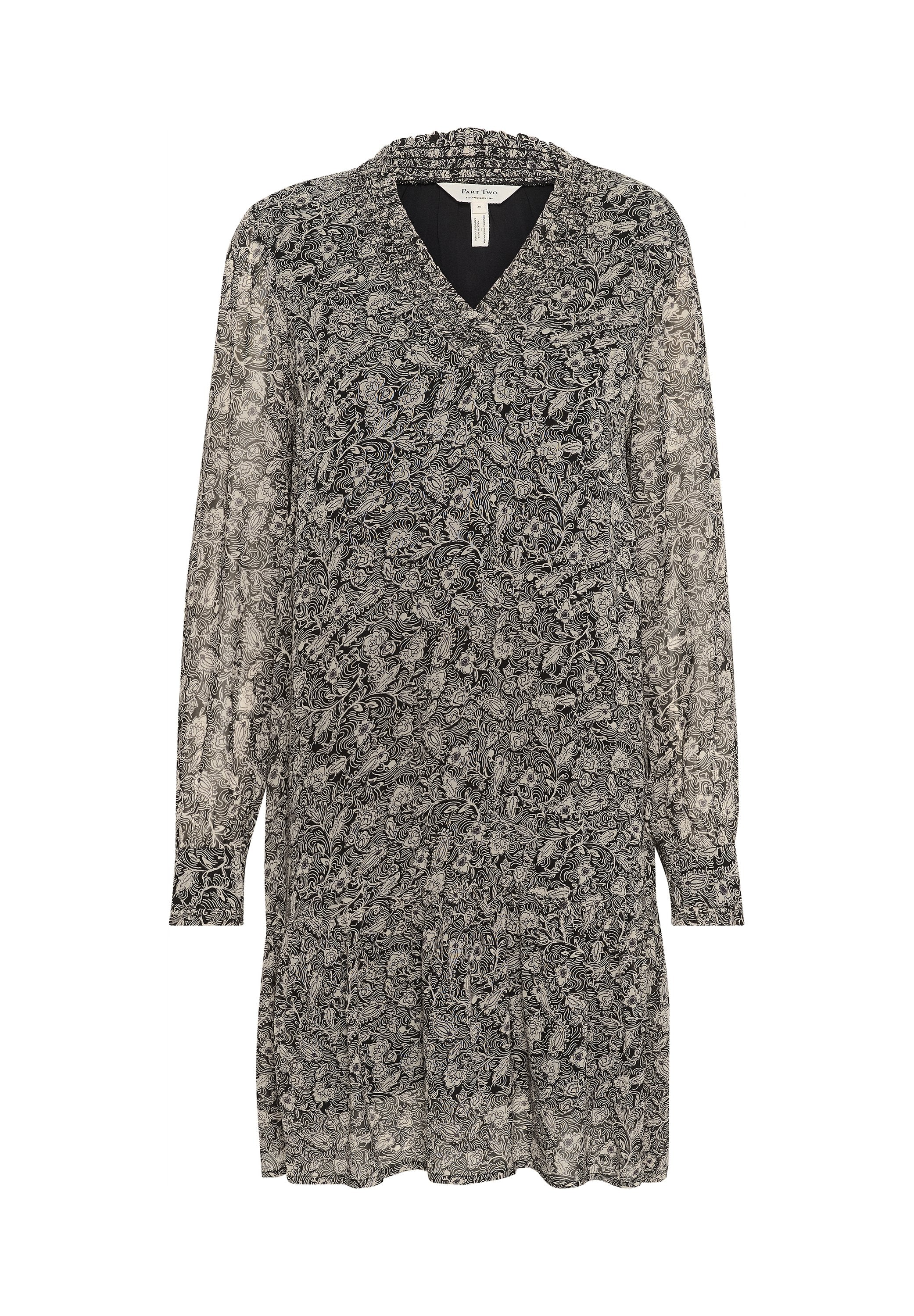 Schwarz-weißer Paisley-Muster-Kleid, leichtes Material, V-Ausschnitt, lange Ärmel, geraffter Taillenbund, knielang, glatte Textur.