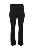 Schwarze, enganliegende Hose aus dehnbarem Material, mit einfachem Design, breitem Bund und ausgestelltem Beinabschluss für Komfort und Bewegungsfreiheit.