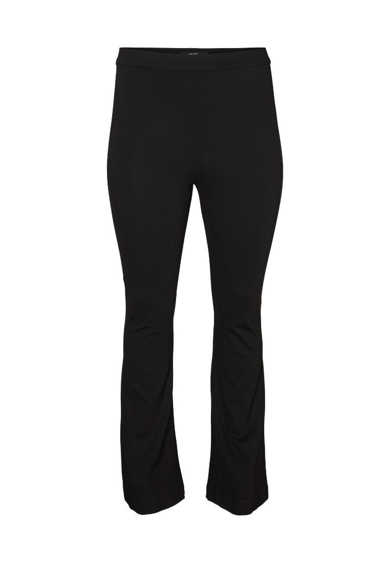 Schwarze, enganliegende Hose aus dehnbarem Material, mit einfachem Design, breitem Bund und ausgestelltem Beinabschluss für Komfort und Bewegungsfreiheit.