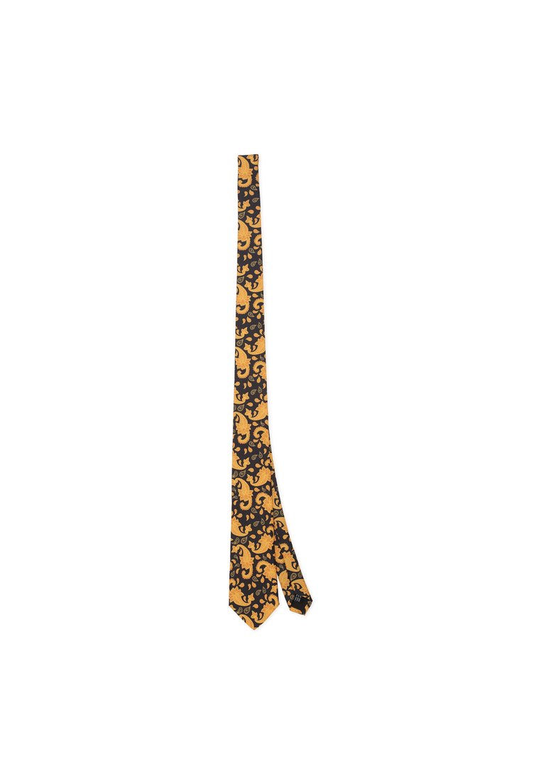 Schwarze Krawatte mit aufwändigem gelbem Blumen- und Wirbelmuster; schmales Design mit spitzer Spitze, gefertigt aus glattem Stoff.