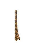 Schwarze Krawatte mit aufwändigem gelbem Blumen- und Wirbelmuster; schmales Design mit spitzer Spitze, gefertigt aus glattem Stoff.