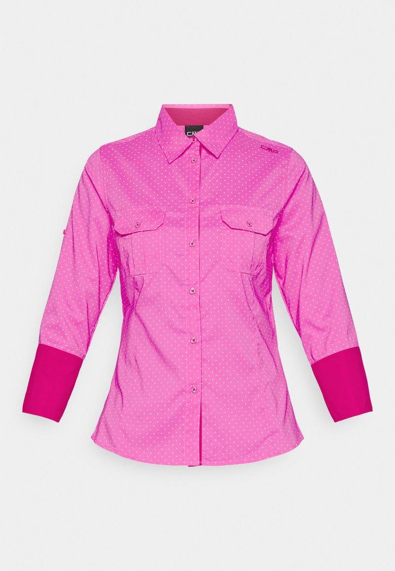 Rosa Hemd mit weißen Punkten, zwei Brusttaschen und kontrastierenden, dunkelpinkfarbenen Bündchen. Aus leichtem Stoff gefertigt.