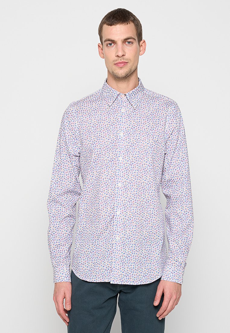 Weißes Hemd mit Knopfleiste, kleinem Blumenmuster in Blau und Pink, langen Ärmeln und klassischem Kragen, aus leichtem Stoff gefertigt.