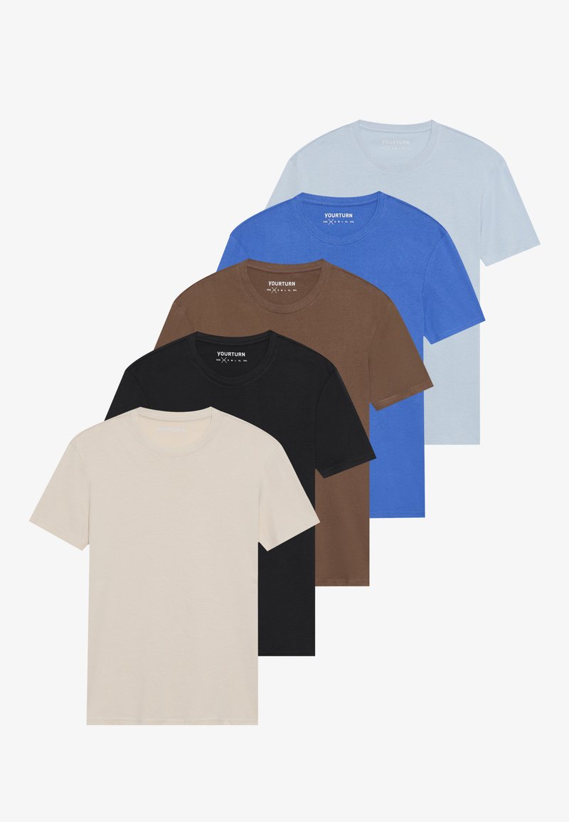 Set aus fünf Rundhalsausschnitt-T-Shirts in Beige, Braun, Schwarz, Blau und Hellblau. Hergestellt aus weichem Stoff mit kurzen Ärmeln und einem klassischen Schnitt.