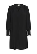 Schwarzes Kleid aus strukturiertem Stoff, mit V-Ausschnitt, langen Puffärmeln mit Rüschen an den Bündchen und einer Schleifendetail am Ausschnitt.