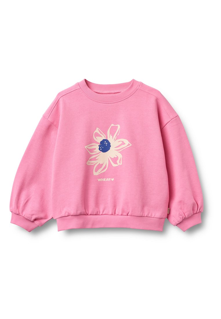 Rosa Sweatshirt mit langen, gepufften Ärmeln. Mit einer weißen Blumenillustration und dem weißen Text „WHEAT“. Weiches Baumwollmaterial.