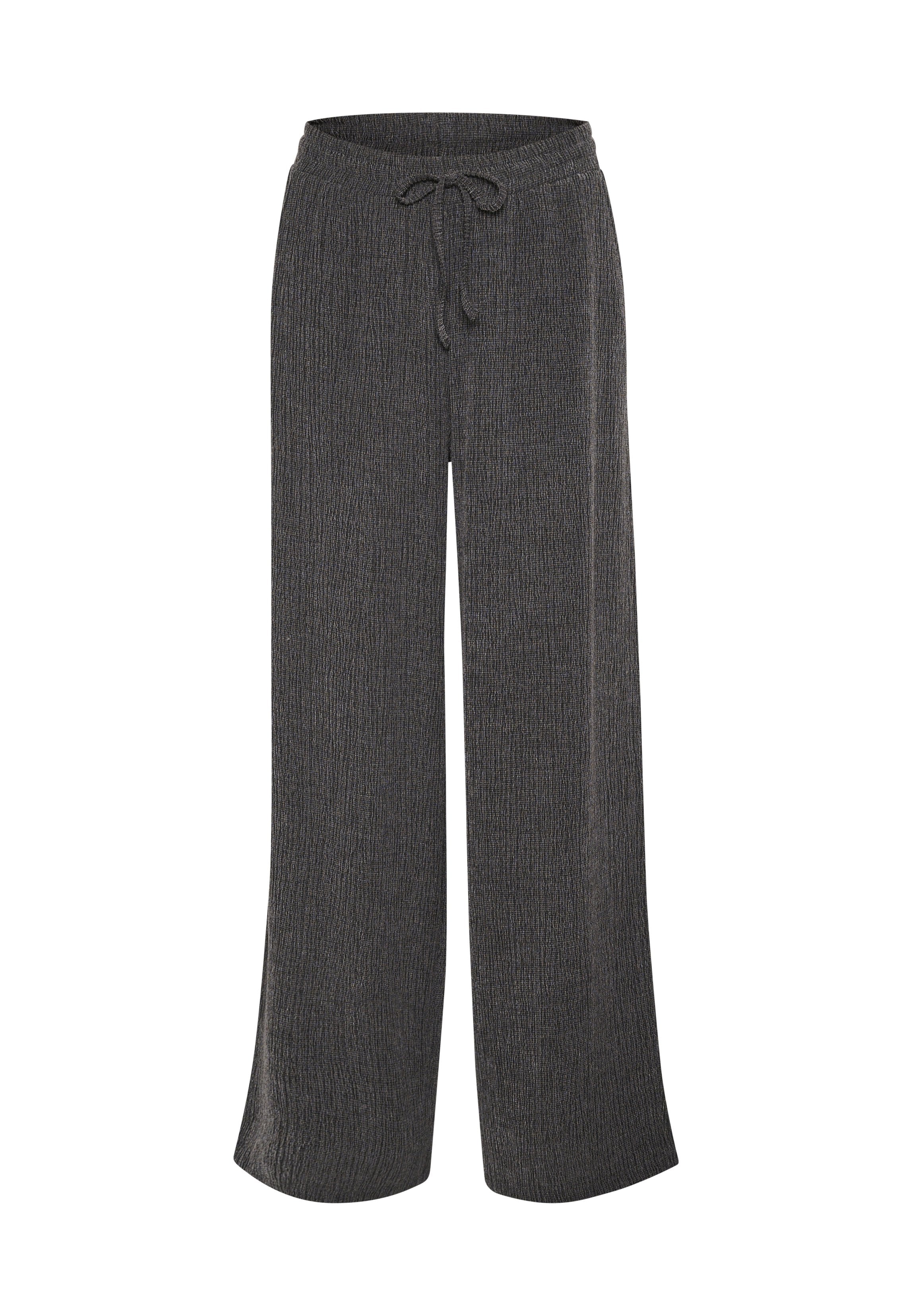 Graue, weit geschnittene Hose aus strukturiertem Strickstoff, mit einem Kordelzugbund und einem lockeren Schnitt, ideal für die Freizeit.