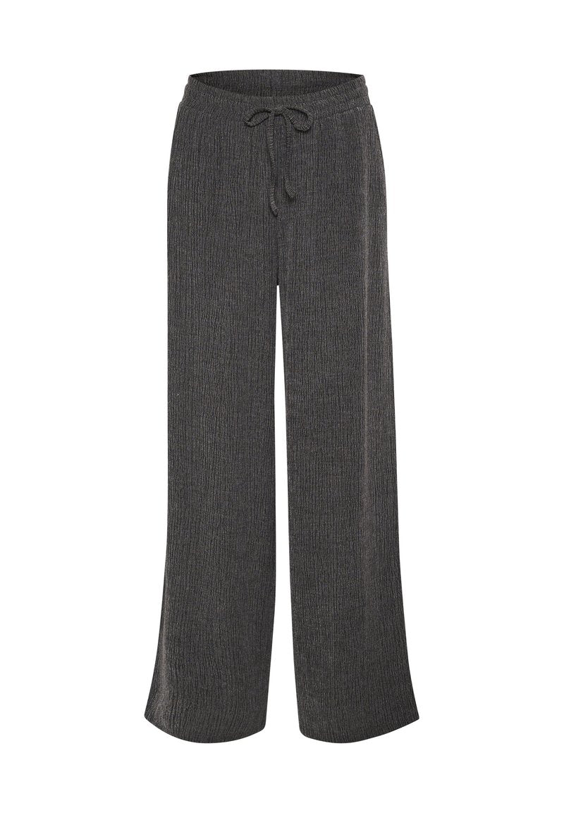 Graue, weit geschnittene Hose aus strukturiertem Strickstoff, mit einem Kordelzugbund und einem lockeren Schnitt, ideal für die Freizeit.
