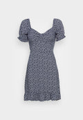 Navy Kleid mit Puffärmeln, mit einem floralen Druck in Weiß. V-Ausschnitt und ausgestellter Saum mit einer gerafften Taille für eine taillierte Silhouette.