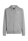 Grauer Kapuzenpullover mit Reißverschluss aus weichem Stoff, ausgestattet mit einer Kängurutasche, verstellbarer Kapuze und einem kleinen weißen Logo auf der Brust.