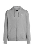 Grauer Kapuzenpullover mit Reißverschluss aus weichem Stoff, ausgestattet mit einer Kängurutasche, verstellbarer Kapuze und einem kleinen weißen Logo auf der Brust.