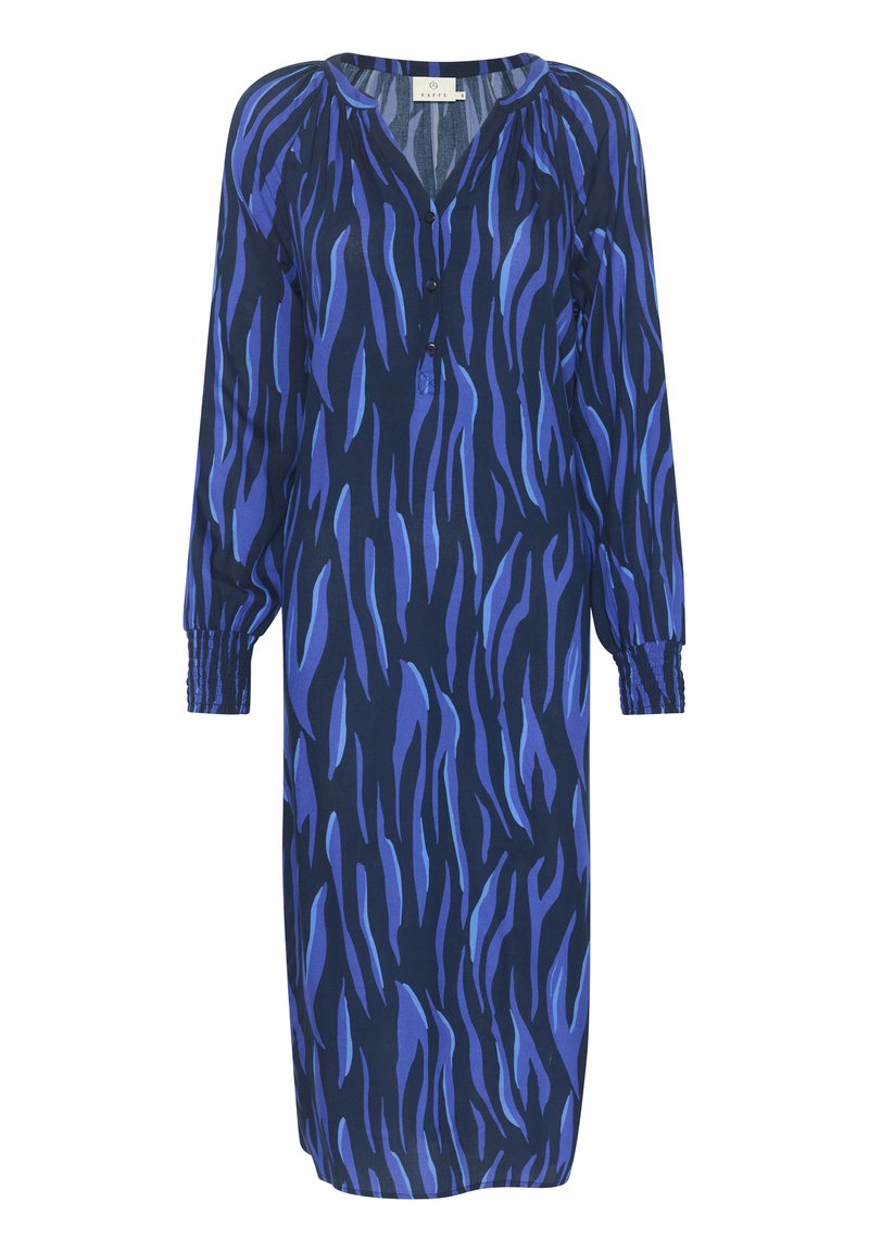 Navyblaues Kleid mit einem abstrakten blauen Muster, V-Ausschnitt, Knopfleiste und langen Puffärmeln mit gerafften Manschetten. Glatte Stoffoberfläche.