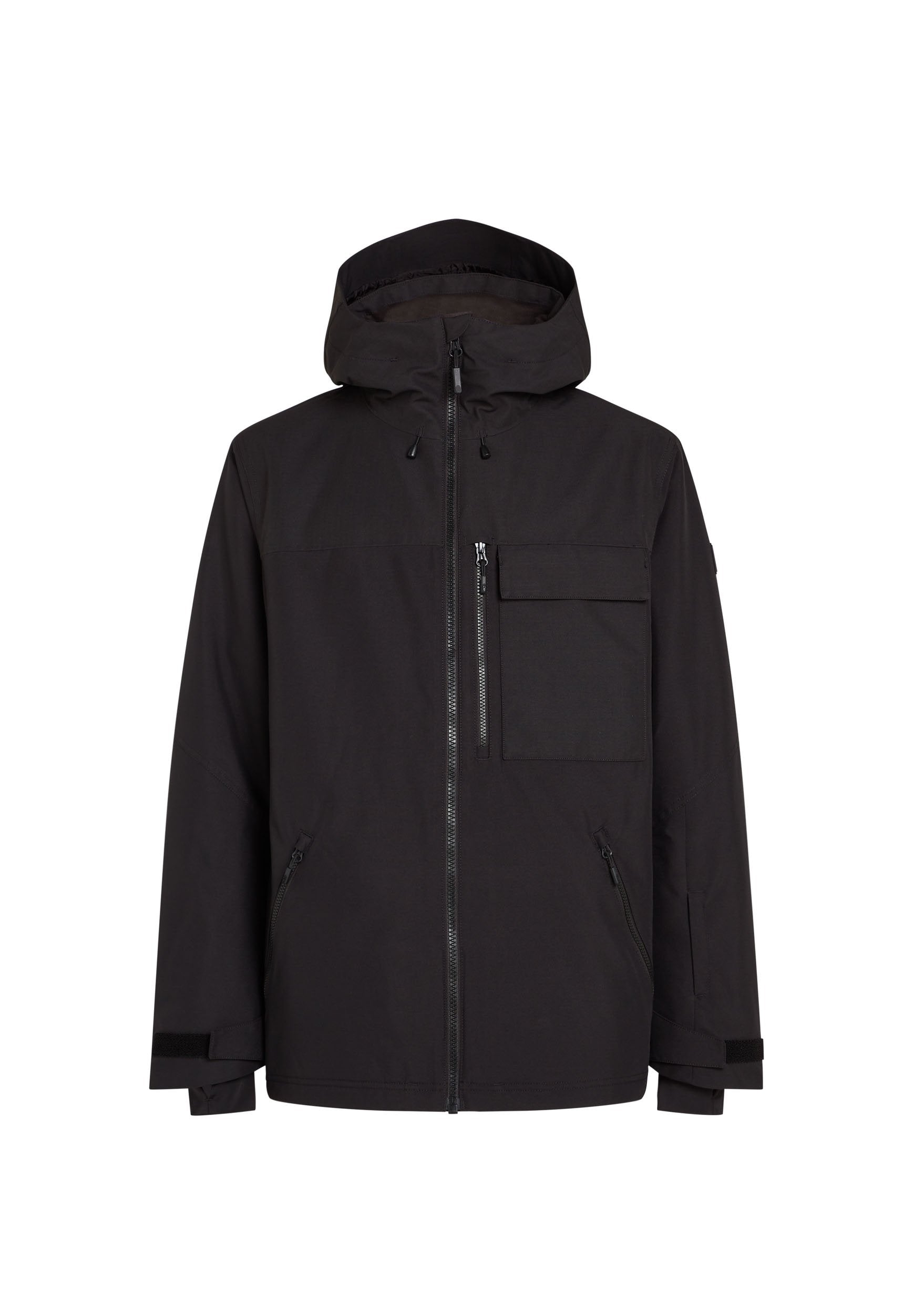 Schwarze Kapuzenjacke mit einem Frontreißverschluss, mehreren Taschen und verstellbaren Bündchen. Hergestellt aus einem strapazierfähigen Stoff mit glatter Textur.