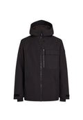Schwarze Kapuzenjacke mit einem Frontreißverschluss, mehreren Taschen und verstellbaren Bündchen. Hergestellt aus einem strapazierfähigen Stoff mit glatter Textur.