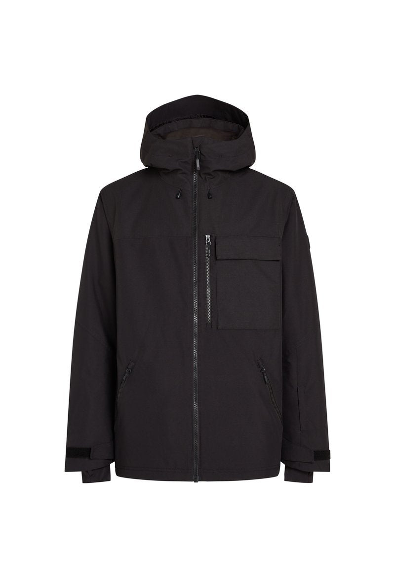 Schwarze Kapuzenjacke mit einem Frontreißverschluss, mehreren Taschen und verstellbaren Bündchen. Hergestellt aus einem strapazierfähigen Stoff mit glatter Textur.