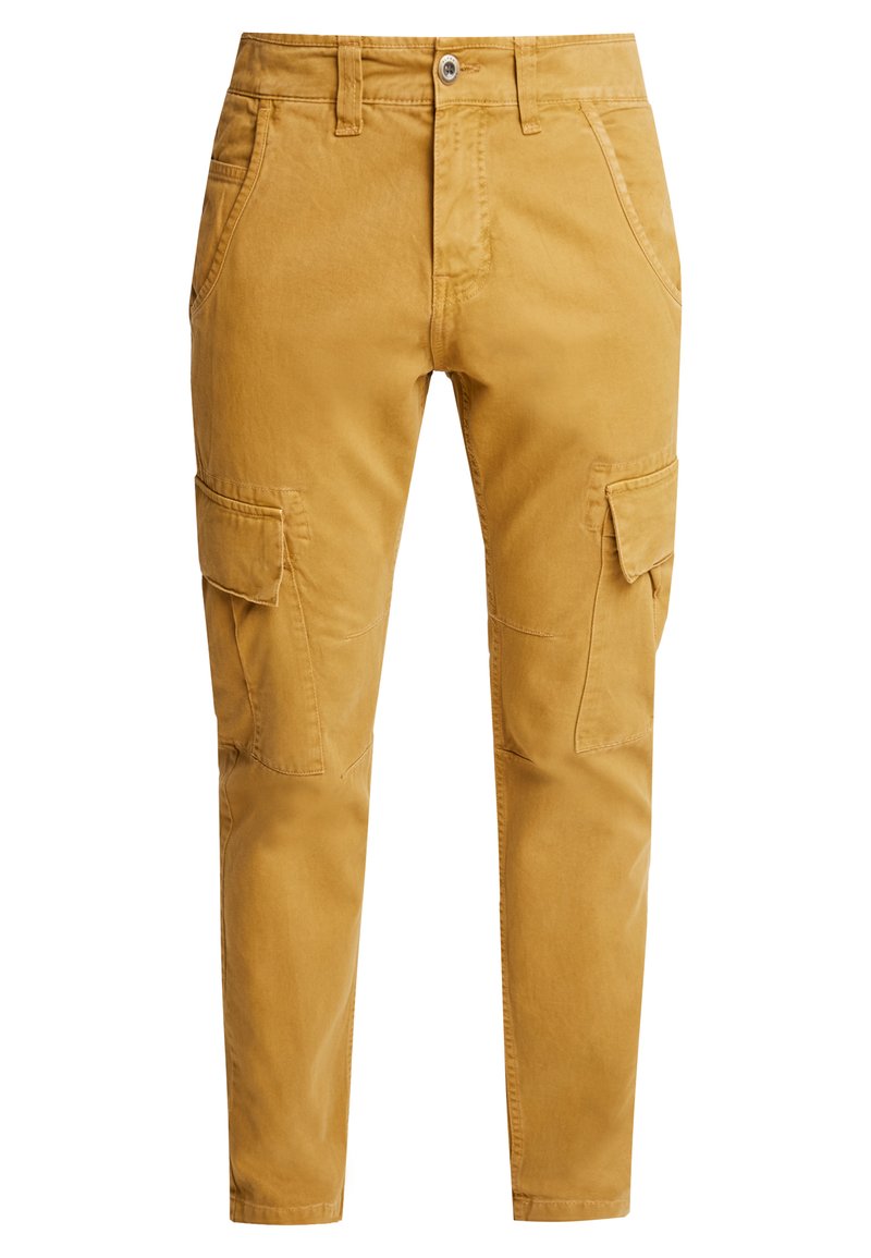 Gelbe Baumwoll-Cargo-Hosen mit schlanker Passform, verschiedenen Seitentaschen, einem Knopfverschluss und sichtbaren Nahtakzenten.