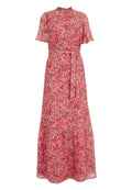 Floral Midi-Kleid in Pink mit abstrakten Mustern. Verfügt über kurze Ärmel, einen gerafften Halsausschnitt und einen Bund mit herausgebundenem Gürtel.