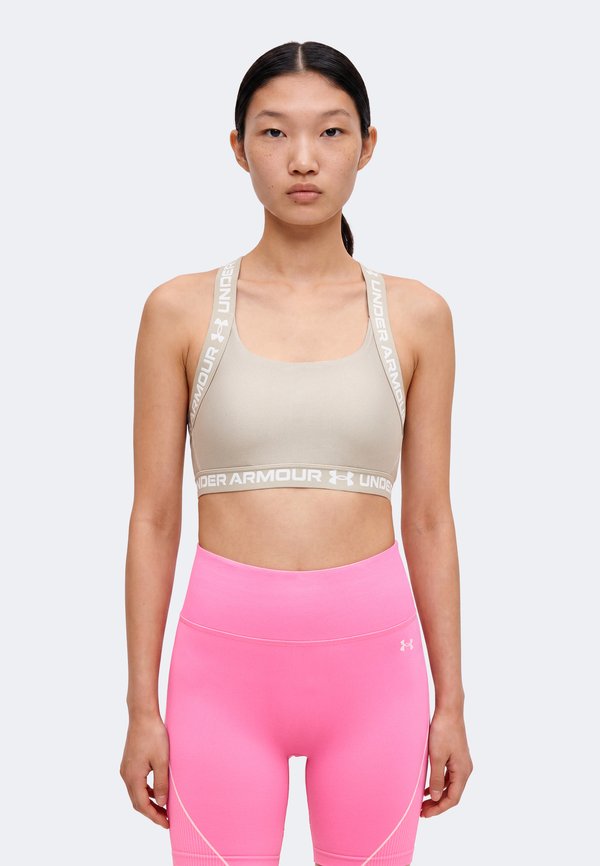 Under Armour MID T BACK - Medium support sports bra - timberwolf taupe/white