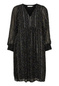 Schwarzes Kleid mit V-Ausschnitt, langen Ärmeln und gerafften Manschetten. Es hat vertikale Streifen in Gold-, Silber- und Weißtönen auf transparentem Stoff.